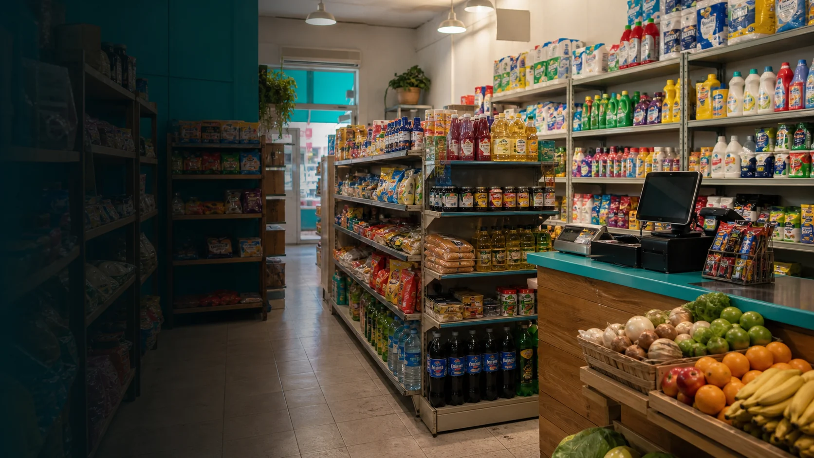 Interior de un minimarket con góndolas y productos